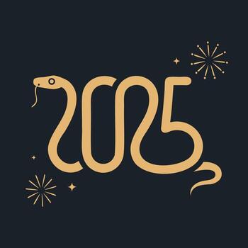 A stylized snake forms the numbers 2025 adorned with festive stars, symbolizing the Year of the Snake in a minimalistic design. vector