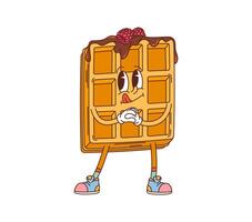 Retro groovy belgian waffle dessert character vector