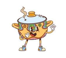 Groovy saucepan retro cartoon utensil character vector