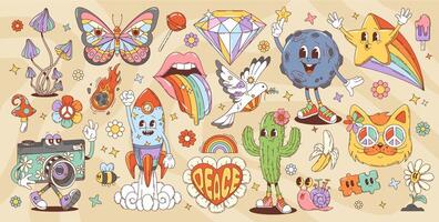 Retro cartoon groovy characters and hippie symbols vector