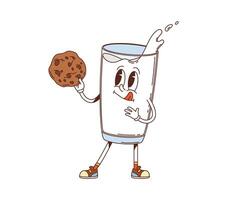 Groovy cartoon milk glass with cookie character vector
