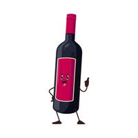 Cartoon groovy red wine bottle happy character vector