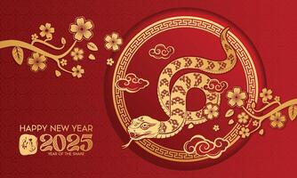 Happy chinese new year 2025 the snake zodiac sign with flower, lantern, asian elements red paper cut style on color background. vector
