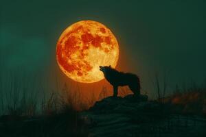 A wolf is standing on a hill with a full moon in the background photo