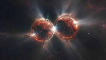 Two stars in space with a bright light coming from one of them photo