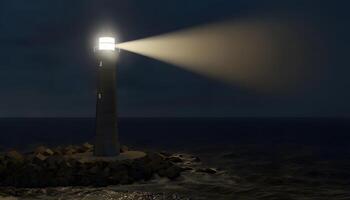A lighthouse is lit up at night with a bright light photo