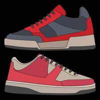 two different colored sneakers on a black background vector