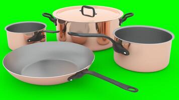 copper pots and pans with green background photo