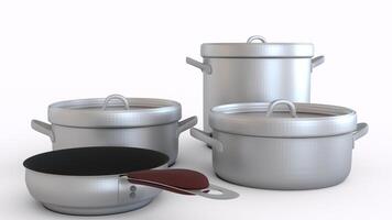 frying pan and pots with white background photo
