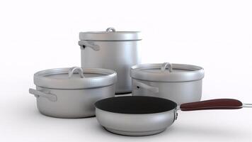 frying pan and pots with white background photo