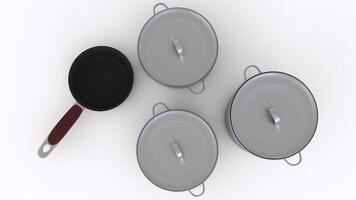 frying pan and pots with white background photo