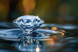 Brilliant diamond reflects light and sparkles on water surface photo