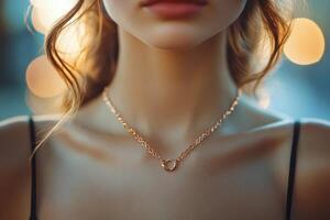 Elegant choker adorns womans neck in soft sunlight near a vibrant background photo