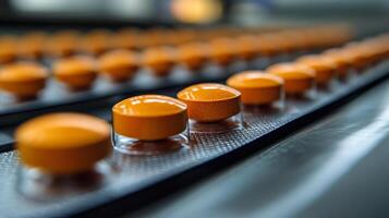Close-up view of orange tablets arranged on a surface with a blurred background photo