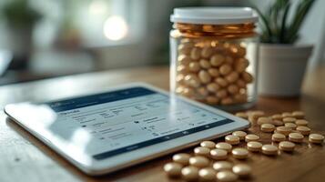 Digital tablet displays medication information beside scattered capsules and a storage jar photo