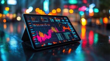 Digital trading display showcases market trends at night in a vibrant city photo