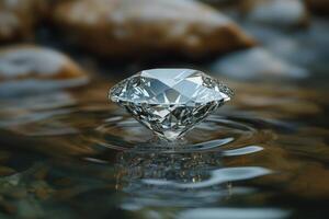 Brilliant diamond reflects light and sparkles on water surface photo