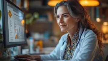 Experienced doctor smiling warmly in a modern medical office during a consultation photo
