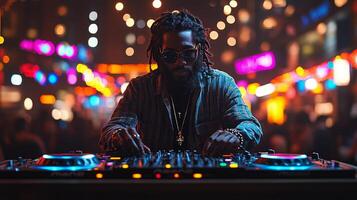 Vibrant outdoor music event in a bustling street with DJ performance at dusk photo