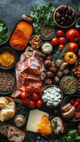 Colorful assortment of fresh dishes displayed on a dark table for a festive gathering in a vibrant kitchen photo