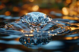 Brilliant diamond reflects light and sparkles on water surface photo