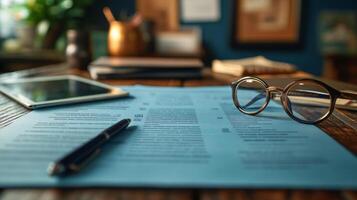 Desk workspace with documents, tablet, and glasses during a productive afternoon in a cozy environment photo