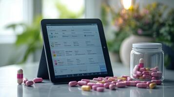 Digital tablet displays medication information beside scattered capsules and a storage jar photo
