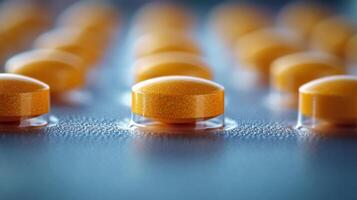 Close-up view of orange tablets arranged on a surface with a blurred background photo