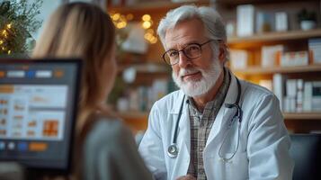 Experienced doctor smiling warmly in a modern medical office during a consultation photo