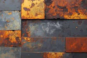 Rustic metal texture showing a mixture of rust and dark hues in a contemporary setting of layered panels photo