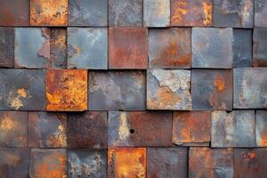 Rustic metal texture showing a mixture of rust and dark hues in a contemporary setting of layered panels photo