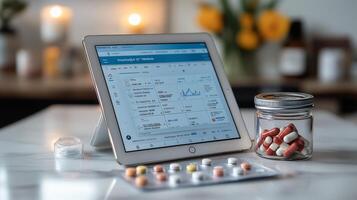 Digital tablet displays medication information beside scattered capsules and a storage jar photo