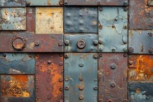 Rustic metal texture showing a mixture of rust and dark hues in a contemporary setting of layered panels photo