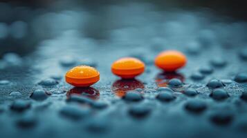 Close-up view of orange tablets arranged on a surface with a blurred background photo