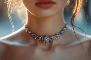 Elegant choker adorns womans neck in soft sunlight near a vibrant background photo