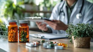 Medical professional examining capsules and tablets with plants in background at wellness center photo