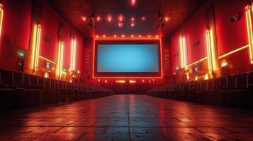 Vibrant interior of a modern cinematic venue with neon lighting and empty seats photo