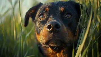 Brown dog peeking through tall grass in a serene outdoor setting during overcast weather photo