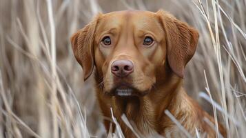Brown dog peeking through tall grass in a serene outdoor setting during overcast weather photo