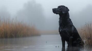 Black dog sitting calmly by a misty river in early morning light photo