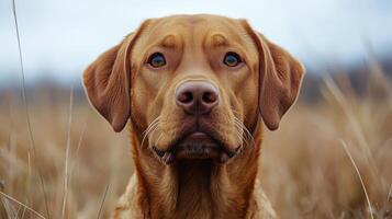 Brown dog peeking through tall grass in a serene outdoor setting during overcast weather photo
