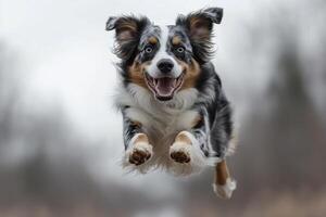 Happy dog jumping in the park during autumn with colorful leaves in the background photo