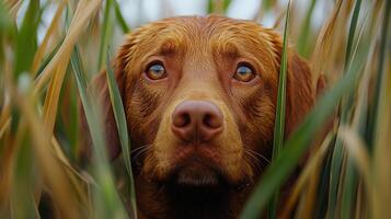 Brown dog peeking through tall grass in a serene outdoor setting during overcast weather photo