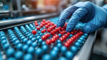 Sorting colorful spheres on a conveyor belt in a production facility photo