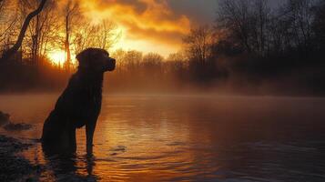 Black dog sitting calmly by a misty river in early morning light photo