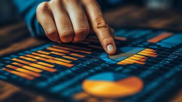 Business professional analyzing financial data using interactive pie chart during a meeting photo