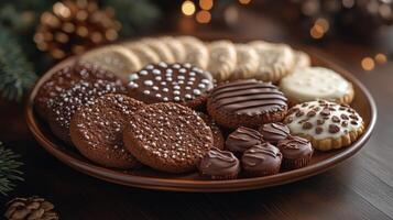 Delicious assorted holiday cookies on a wooden platter with festive decorations photo