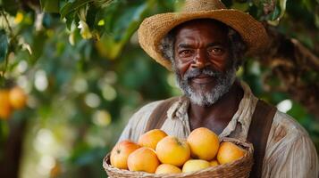 Smiling farmer harvesting apples in a sunlit orchard during autumn season photo