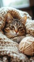 Cat snuggled in cozy blanket with yarn ball in warm indoor setting during a quiet afternoon photo