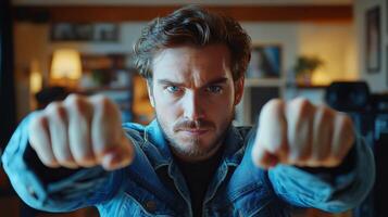 Determined man in denim jacket performing a punch gesture indoors during evening hours photo